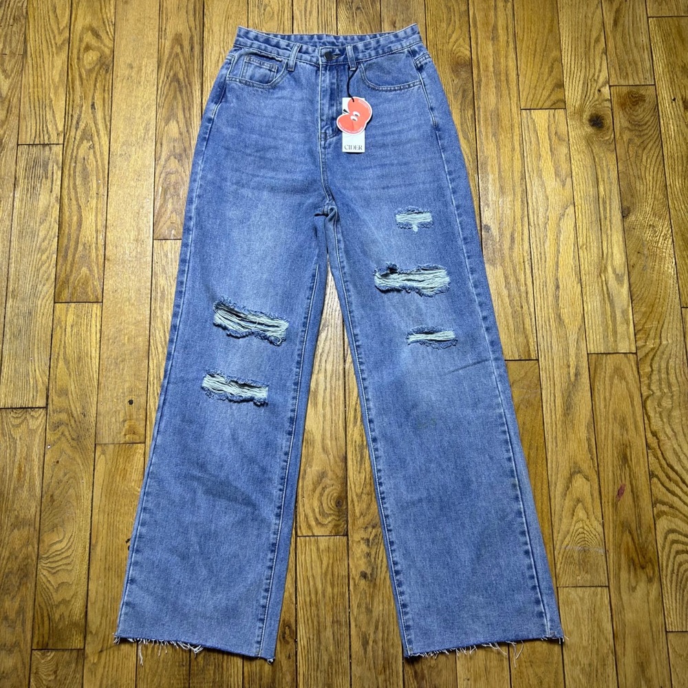 NEW Cider Womens High Waisted Wide Leg Distressed Jeans Medium Wash Blue S